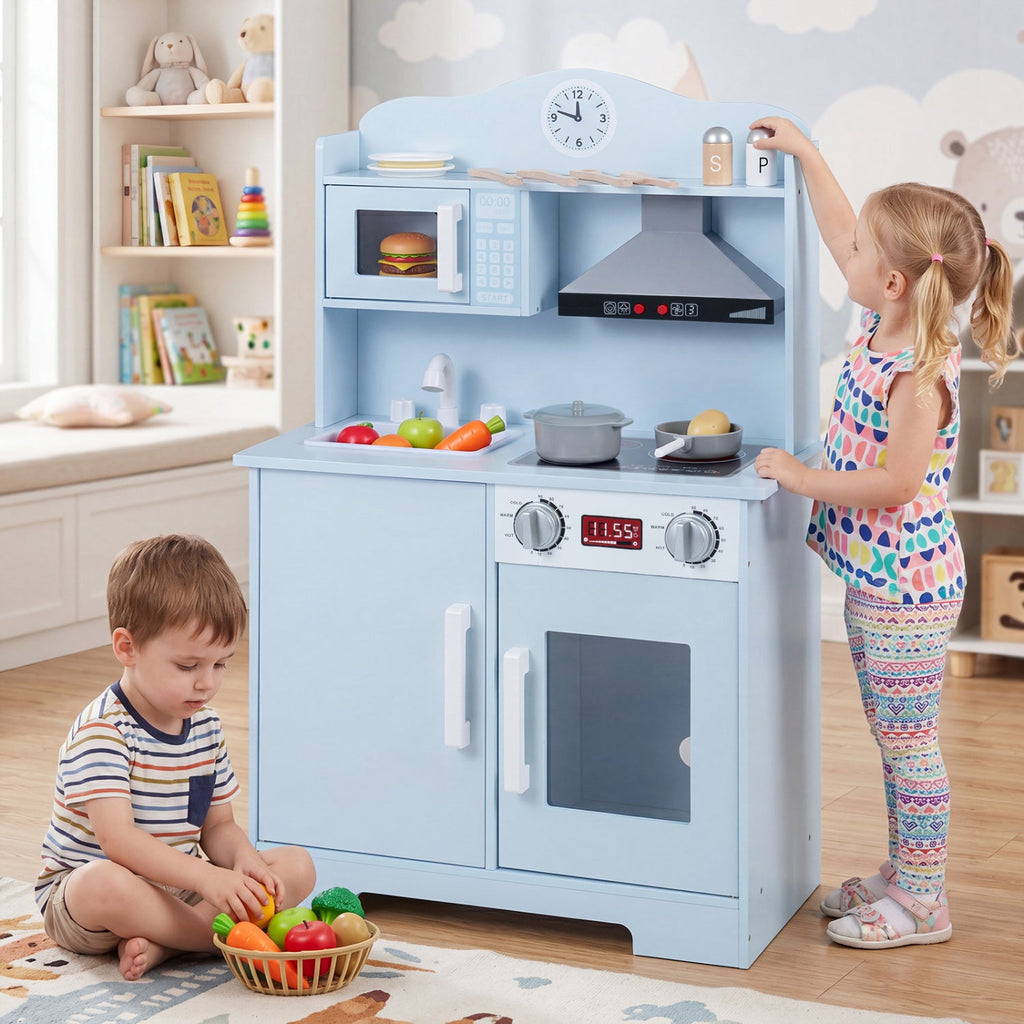 Play Kitchen for Kids Wooden Playset with Range Hood and Microwave-Blue