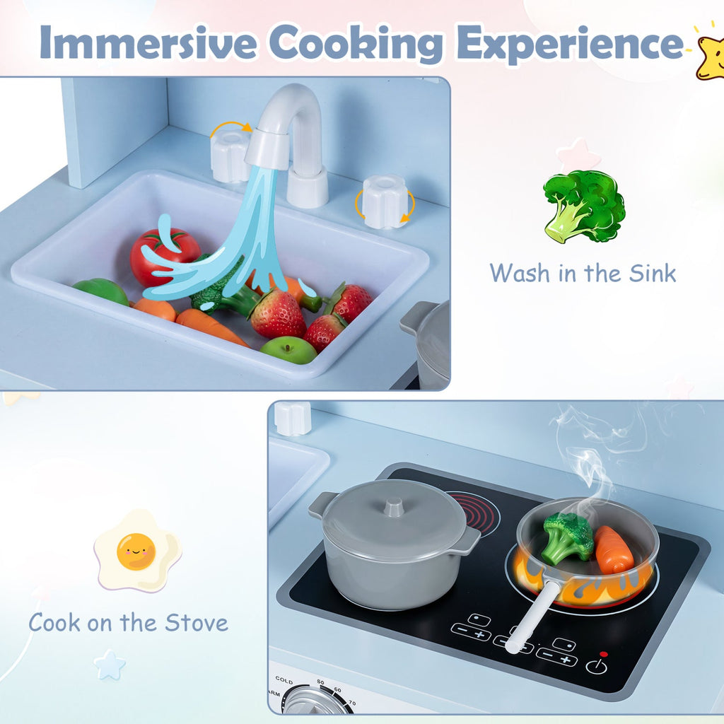 Play Kitchen for Kids Wooden Playset with Range Hood and Microwave-Blue