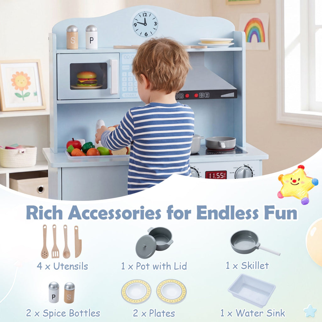 Play Kitchen for Kids Wooden Playset with Range Hood and Microwave-Blue