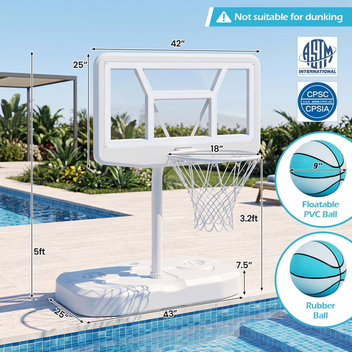 Pool Basketball Hoop Set with 2 Balls and Pump for Water Games-White