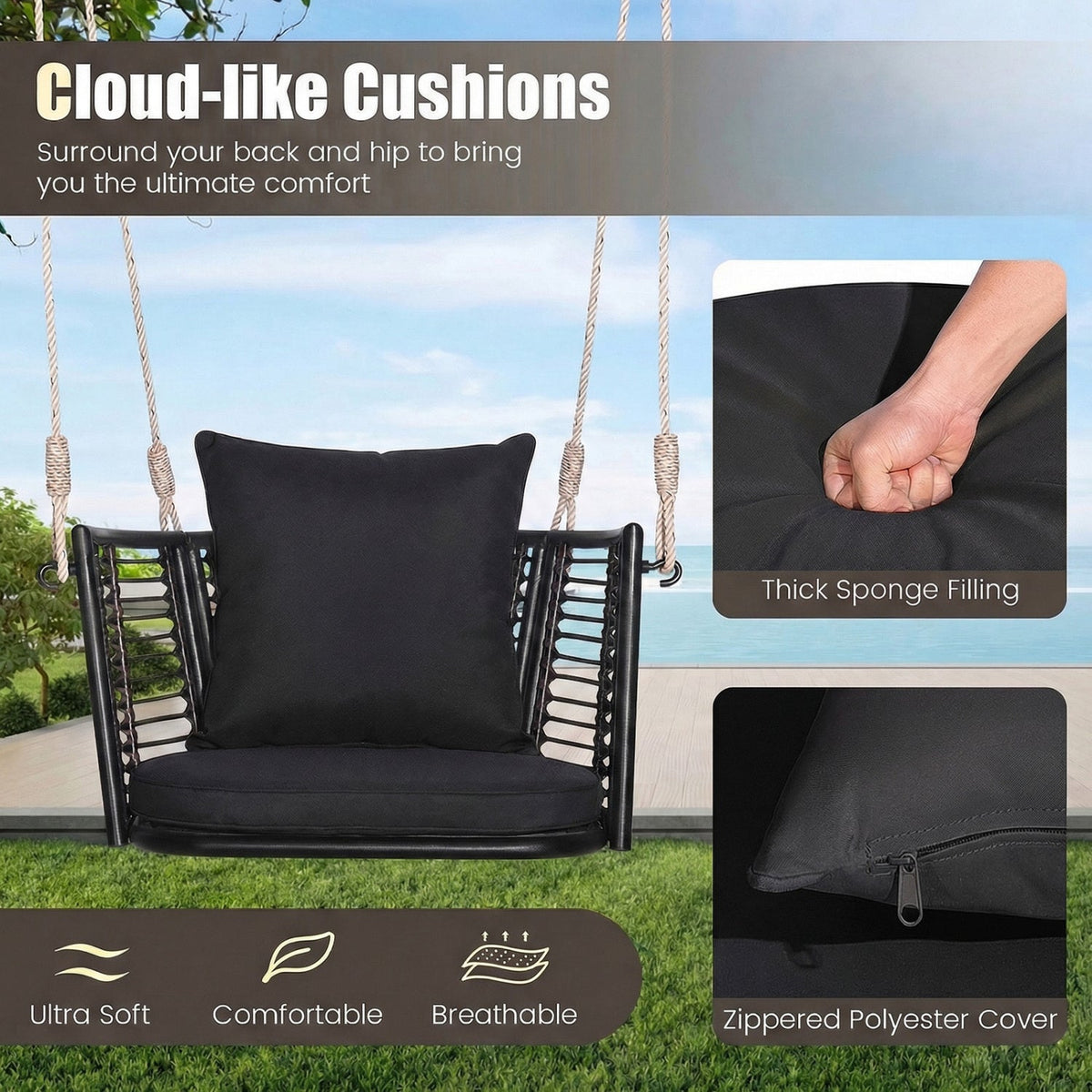 Porch Swing Patio Hanging Rattan Chair with Zippered Cushions and Rope-Black