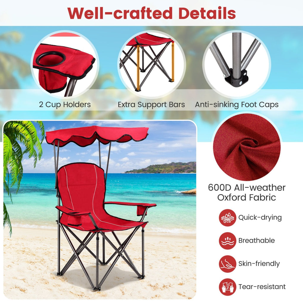 Portable Folding Beach Canopy Chair with Cup Holders-Red