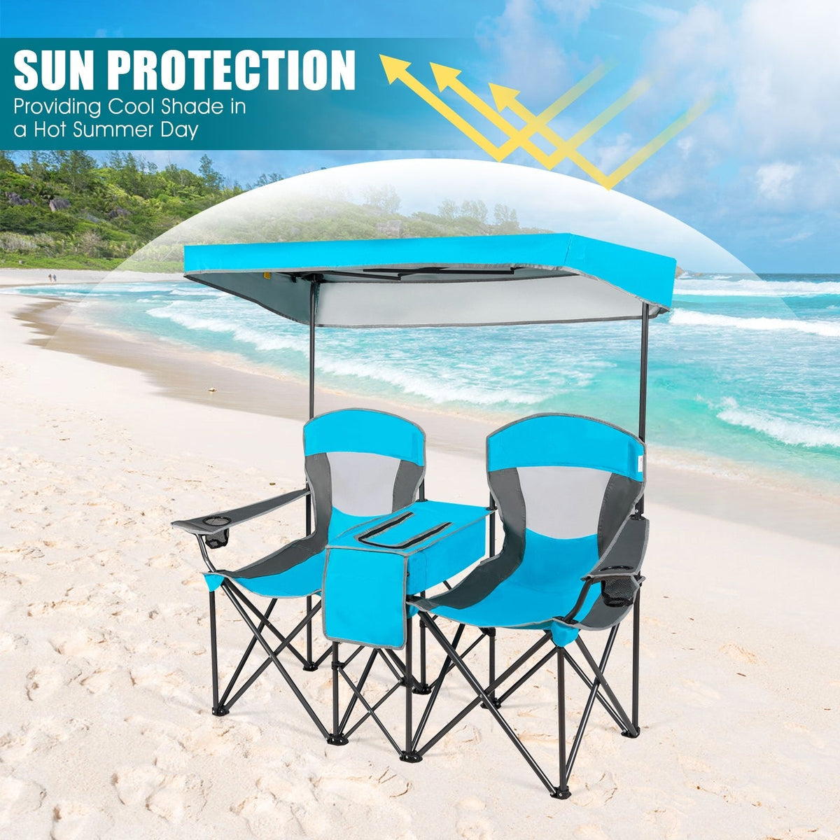 Patented Portable Folding Camping Canopy Chairs with Cup Holder-Blue