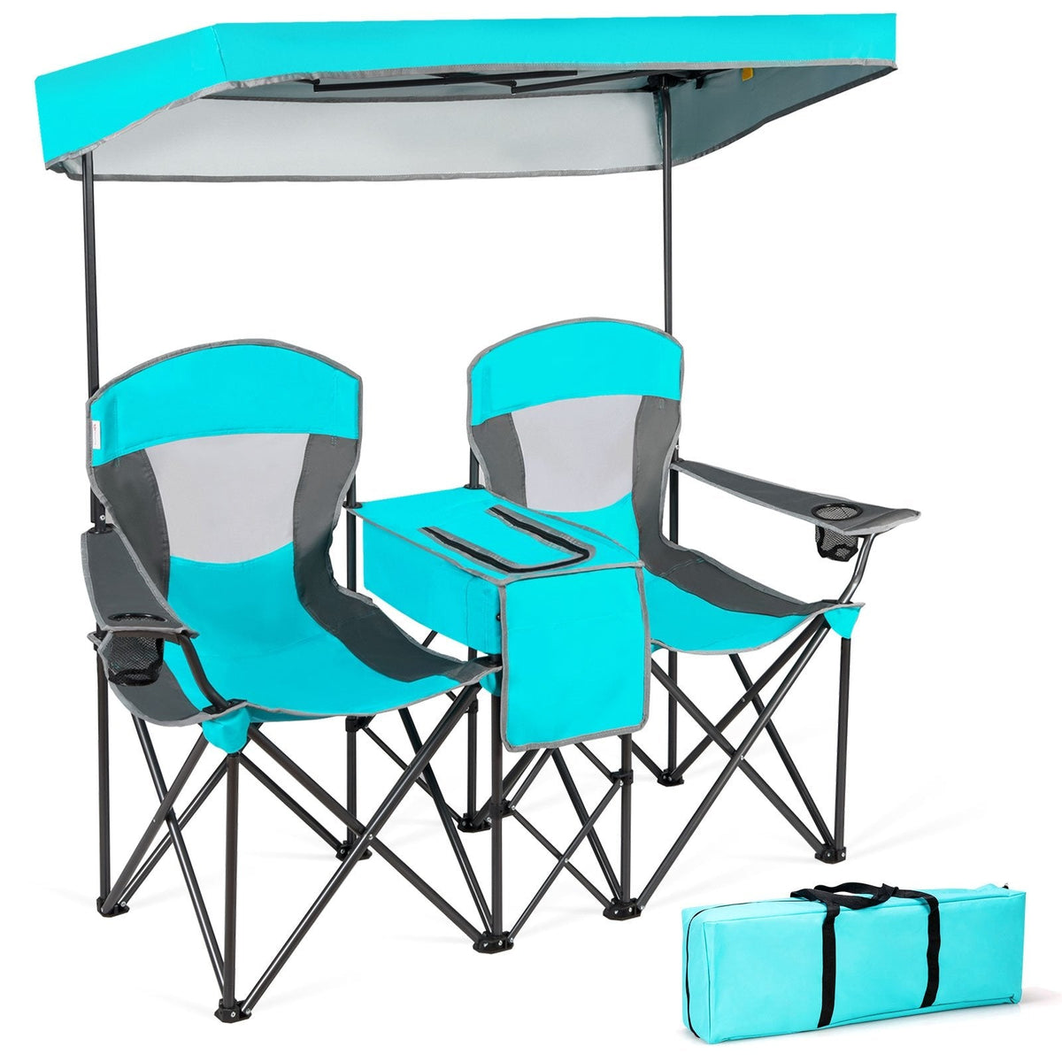 Patented Portable Folding Camping Canopy Chairs with Cup Holder-Turquoise