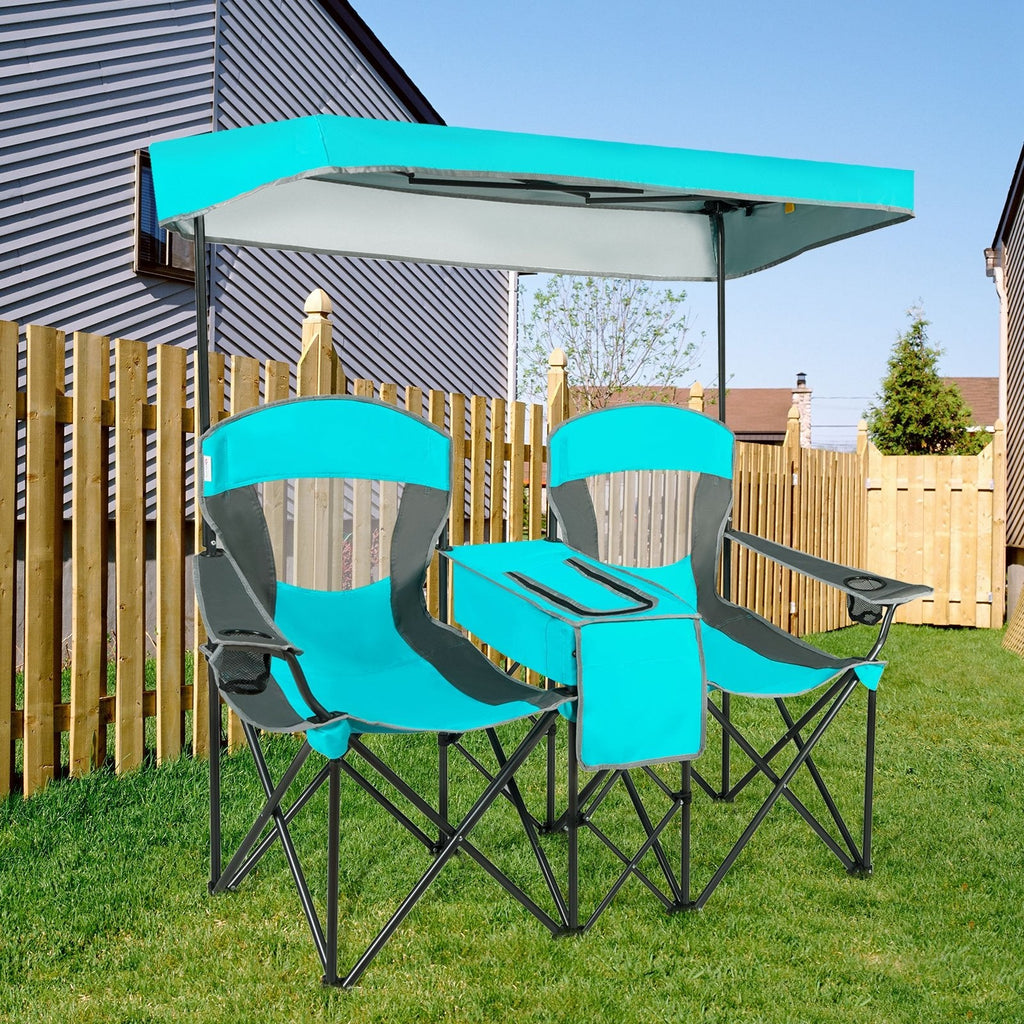 Patented Portable Folding Camping Canopy Chairs with Cup Holder-Turquoise