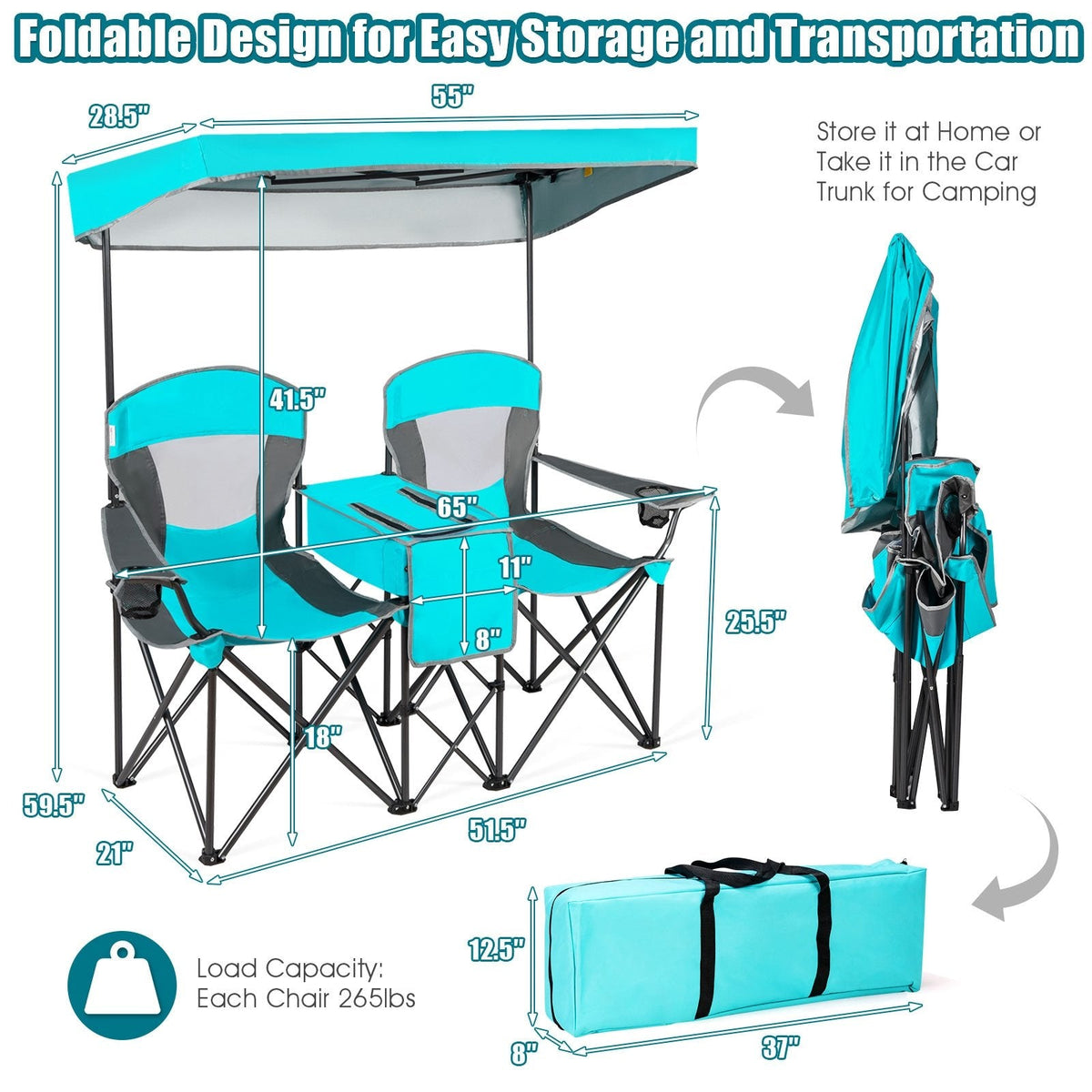Patented Portable Folding Camping Canopy Chairs with Cup Holder-Turquoise