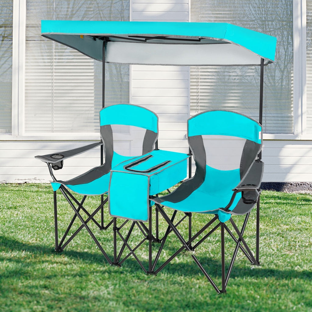 Patented Portable Folding Camping Canopy Chairs with Cup Holder-Turquoise