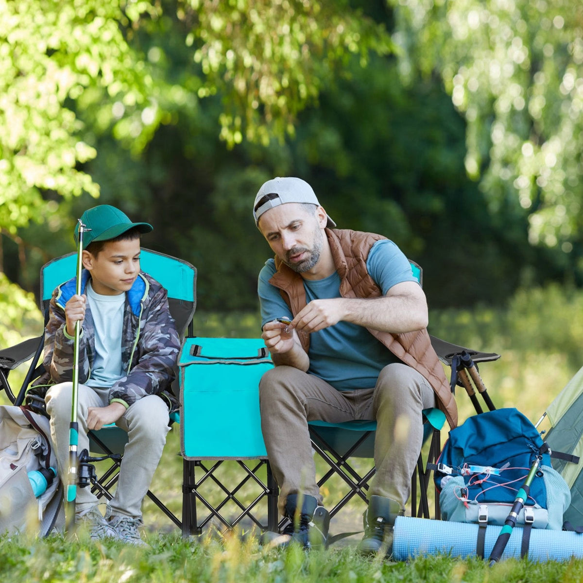 Patented Portable Folding Camping Canopy Chairs with Cup Holder-Turquoise