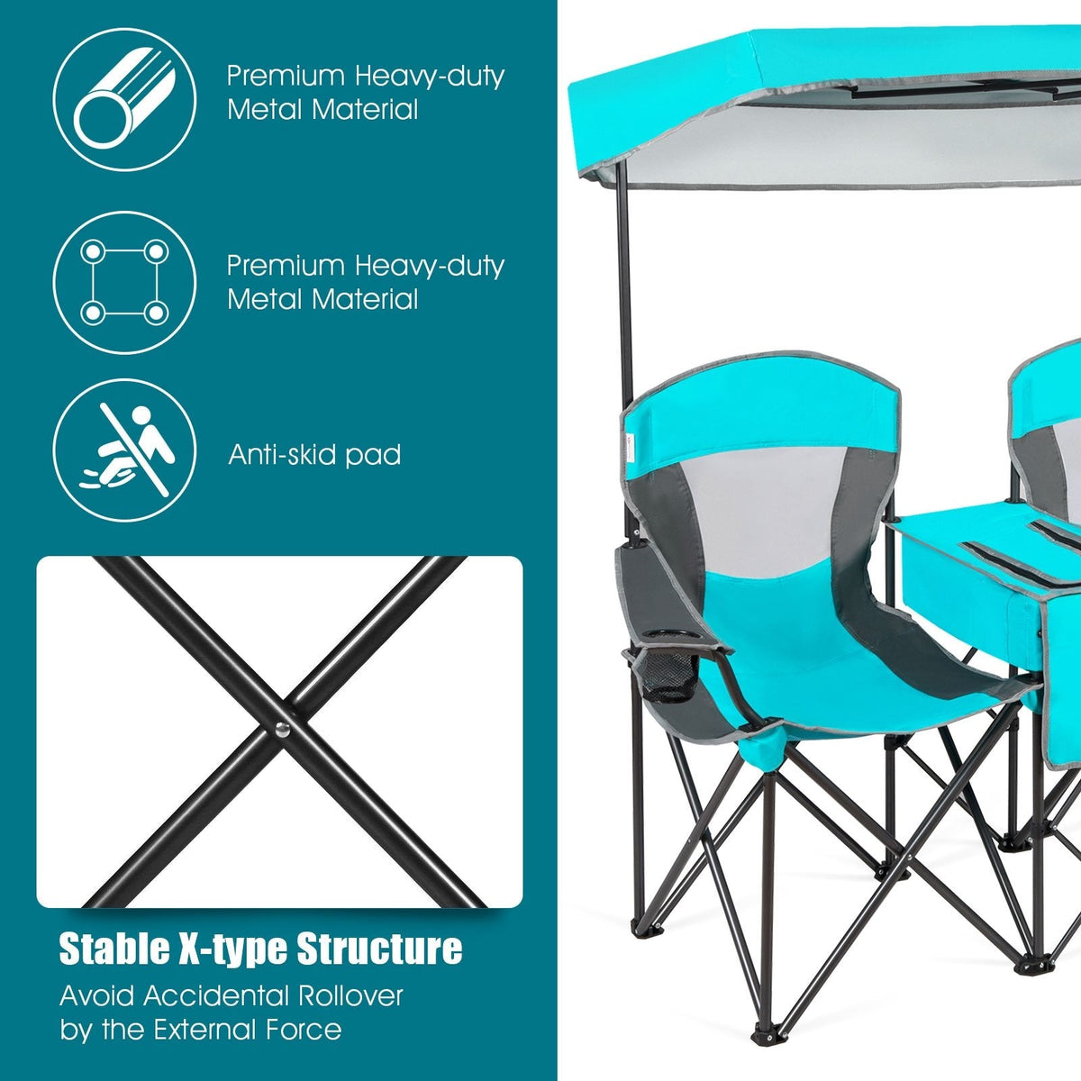 Patented Portable Folding Camping Canopy Chairs with Cup Holder-Turquoise