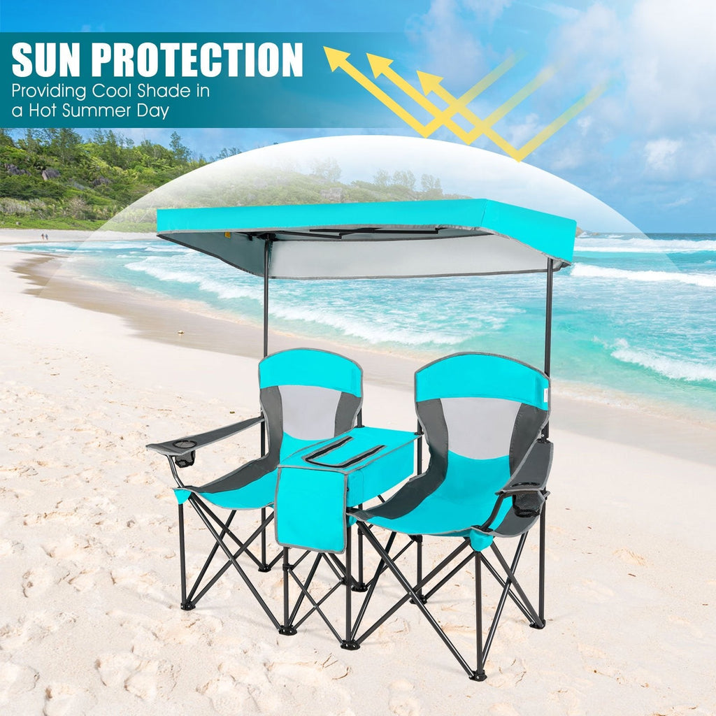 Patented Portable Folding Camping Canopy Chairs with Cup Holder-Turquoise