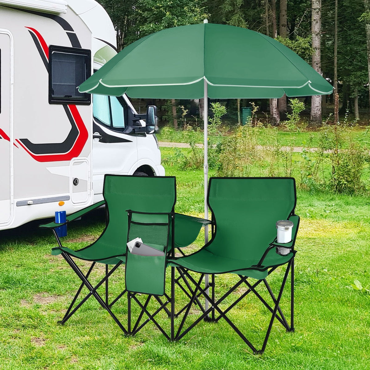 Portable Folding Picnic Double Chair With Removable Umbrella-Green