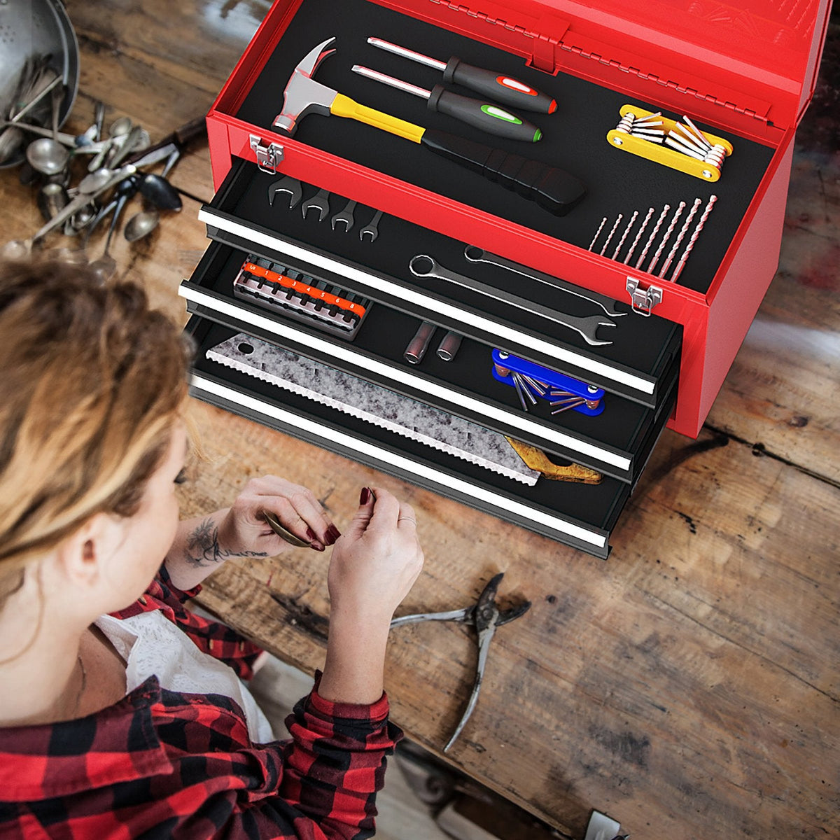 Portable Garage Mechanic Tool Cabinet Box with 3 Drawers-Black & Red