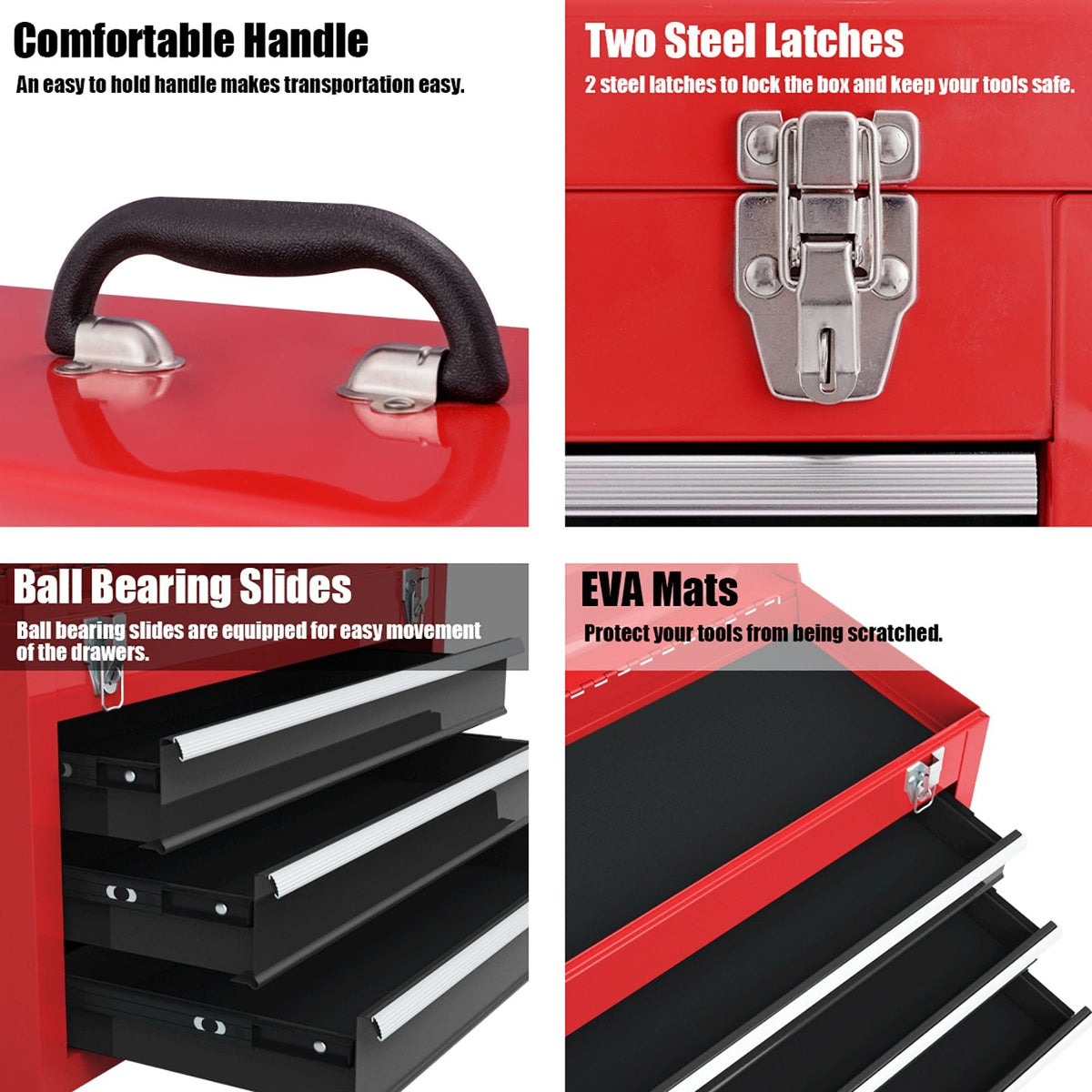 Portable Garage Mechanic Tool Cabinet Box with 3 Drawers-Black & Red