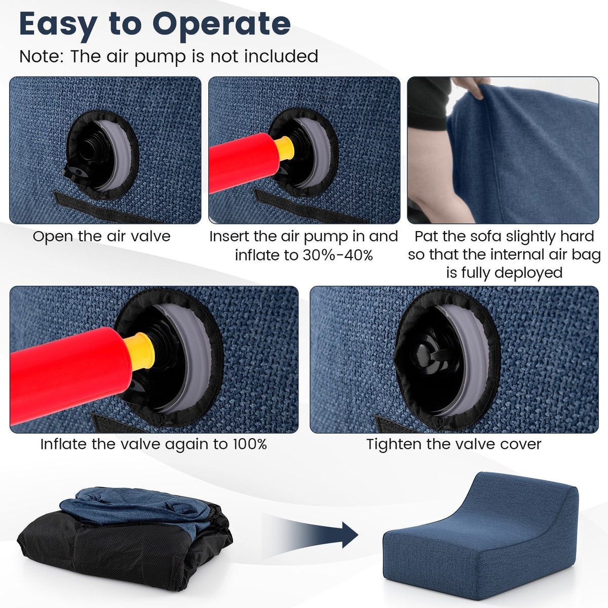 Portable L-Shaped Inflatable Lazy Sofa with Detachable Cover-Blue