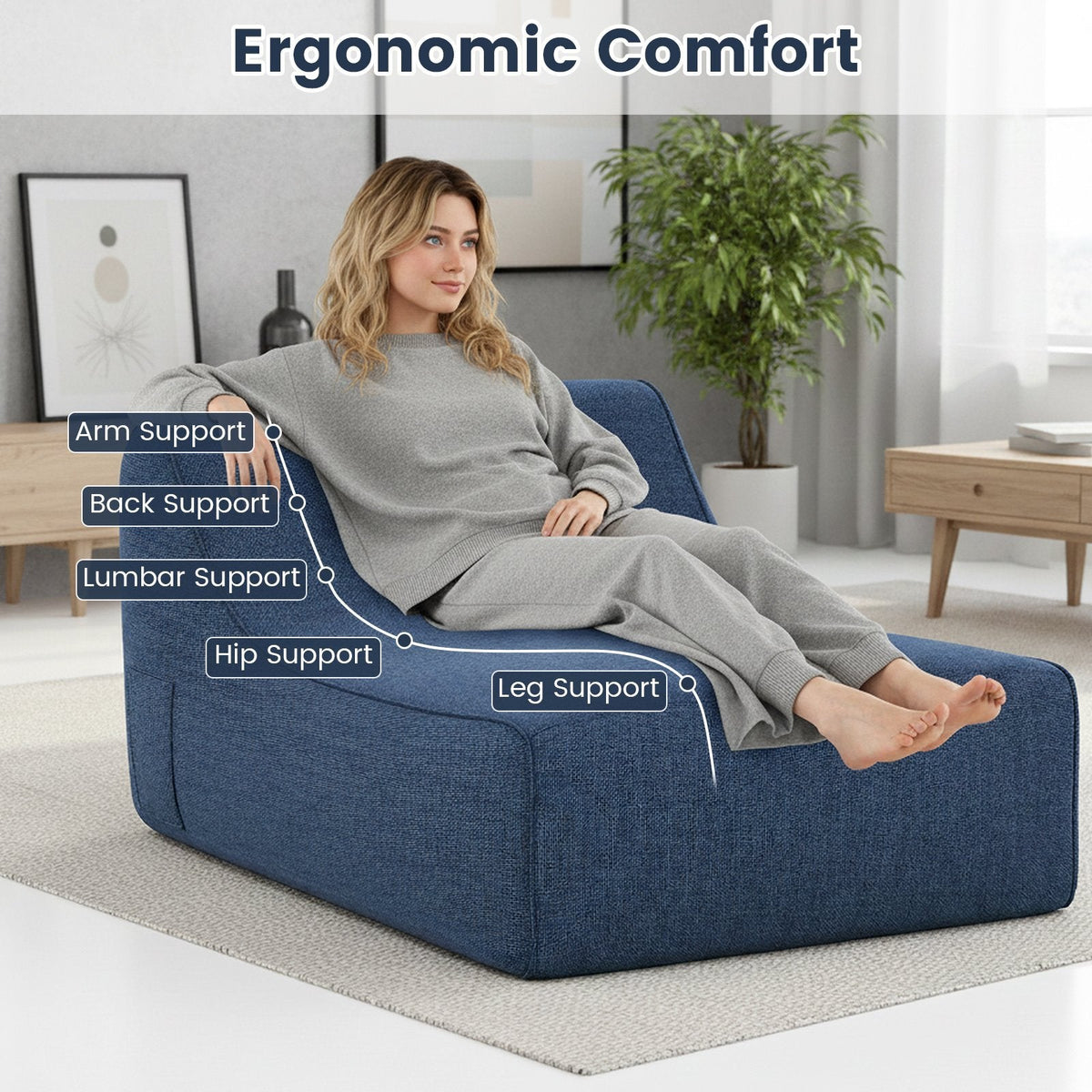 Portable L-Shaped Inflatable Lazy Sofa with Detachable Cover-Blue