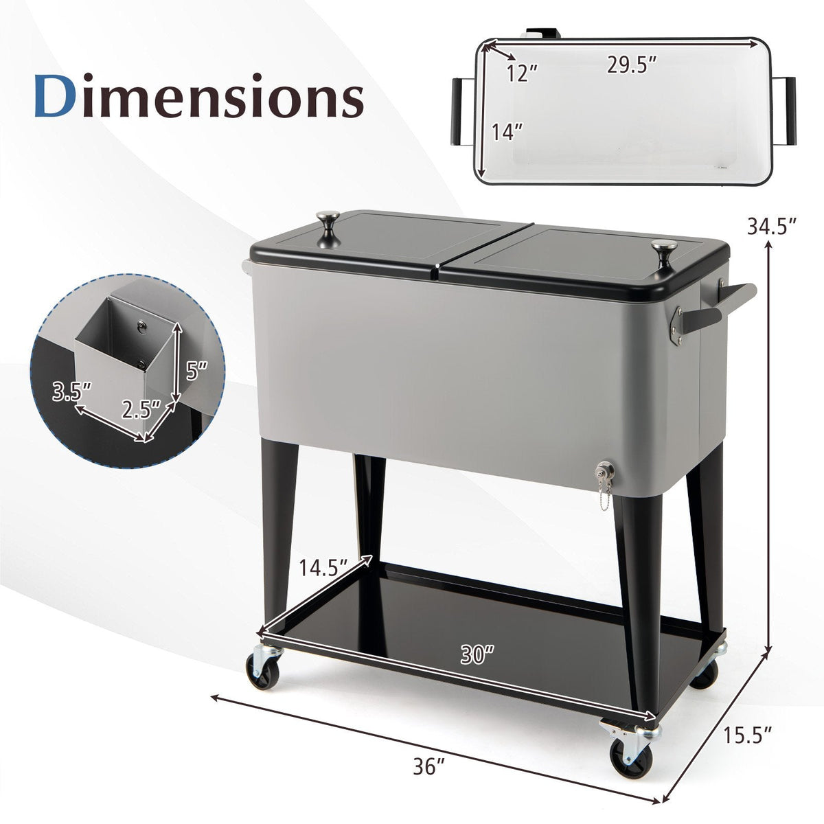 Portable Patio Cooler with Bottom Storage Shelf and Bottle Opener-Gray
