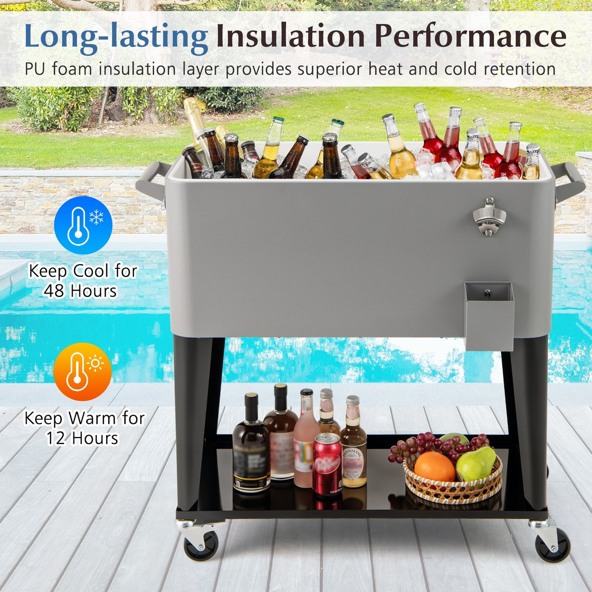 Portable Patio Cooler with Bottom Storage Shelf and Bottle Opener-Gray