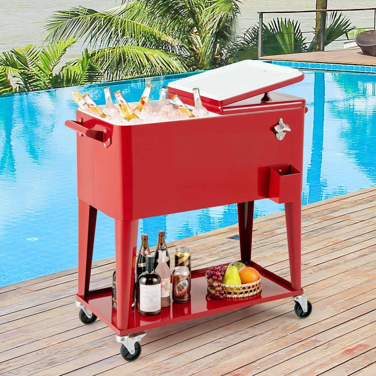 Portable Patio Cooler with Bottom Storage Shelf and Bottle Opener-Red