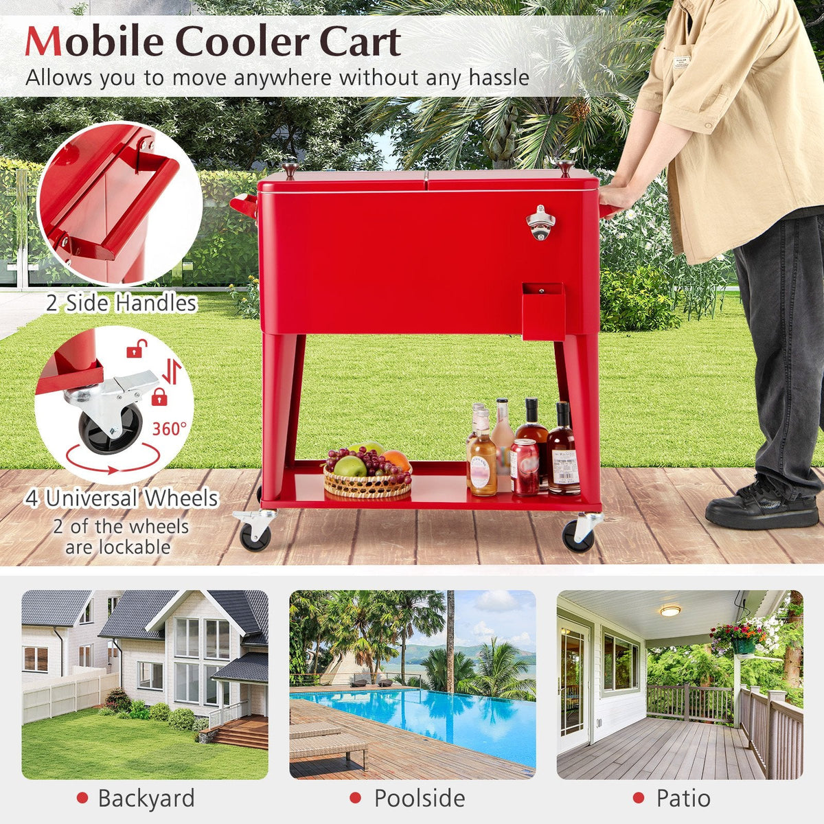 Portable Patio Cooler with Bottom Storage Shelf and Bottle Opener-Red