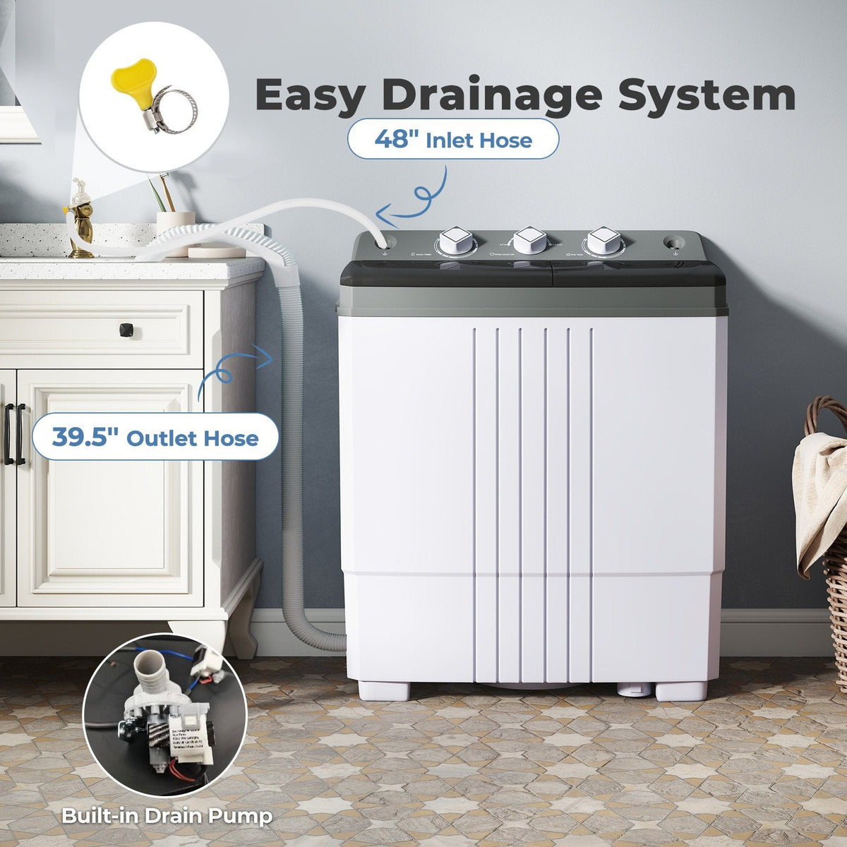 Portable Washing Machine with Built-in Drain Pump-Gray