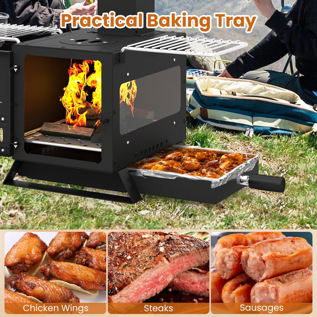 Portable Wood Burning Stove Mini Heater Burner with Pot Rack Oven Pan-Black