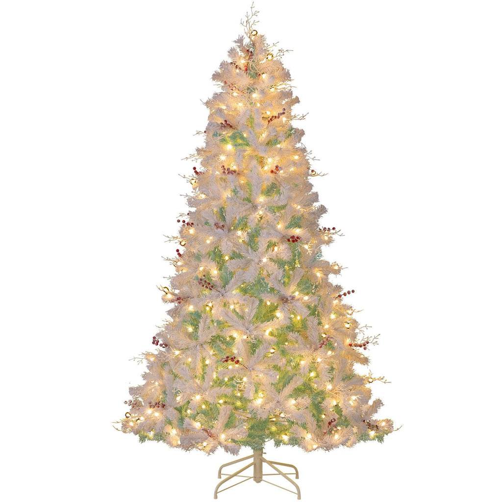 7 FT Pre-Lit Snow Flocked Christmas Tree, 855 Tips, 350 Warm White LEDs and Red Berries