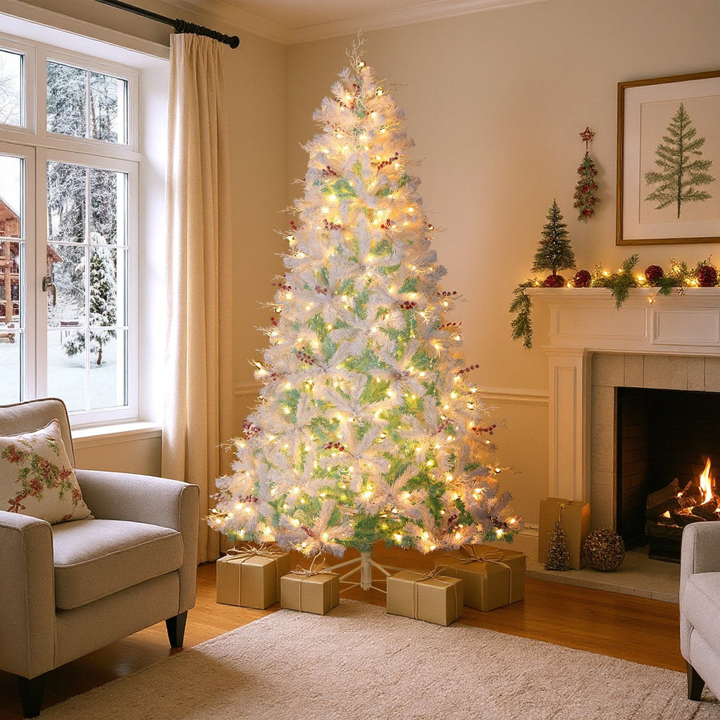 7 FT Pre-Lit Snow Flocked Christmas Tree, 855 Tips, 350 Warm White LEDs and Red Berries