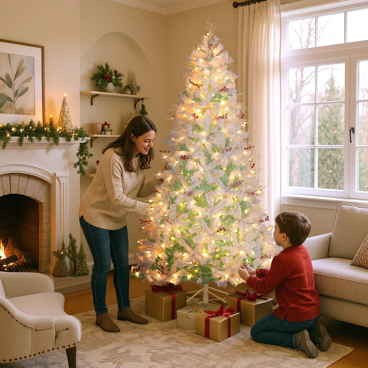 7 FT Pre-Lit Snow Flocked Christmas Tree, 855 Tips, 350 Warm White LEDs and Red Berries