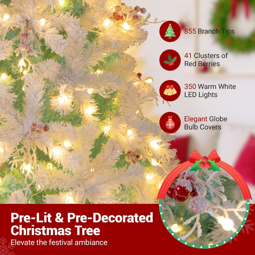 7 FT Pre-Lit Snow Flocked Christmas Tree, 855 Tips, 350 Warm White LEDs and Red Berries