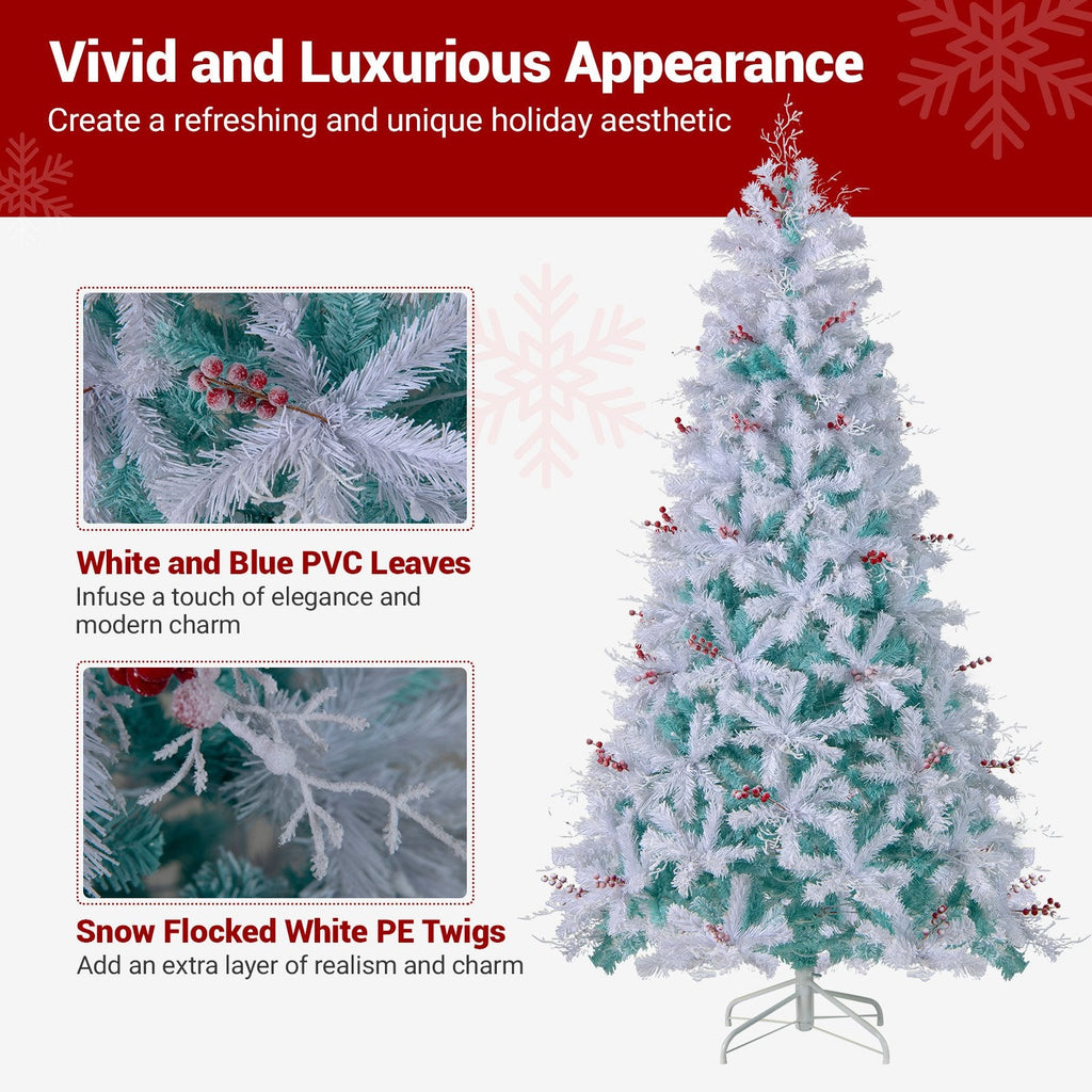 7 FT Pre-Lit Snow Flocked Christmas Tree, 855 Tips, 350 Warm White LEDs and Red Berries