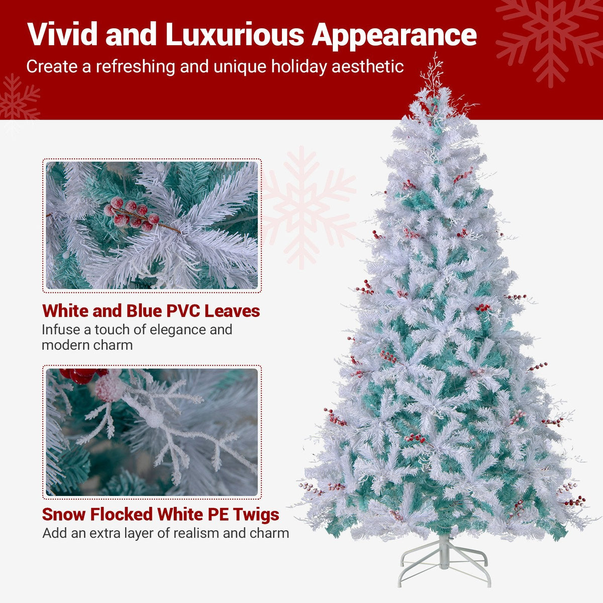 7 FT Pre-Lit Snow Flocked Christmas Tree, 855 Tips, 350 Warm White LEDs and Red Berries