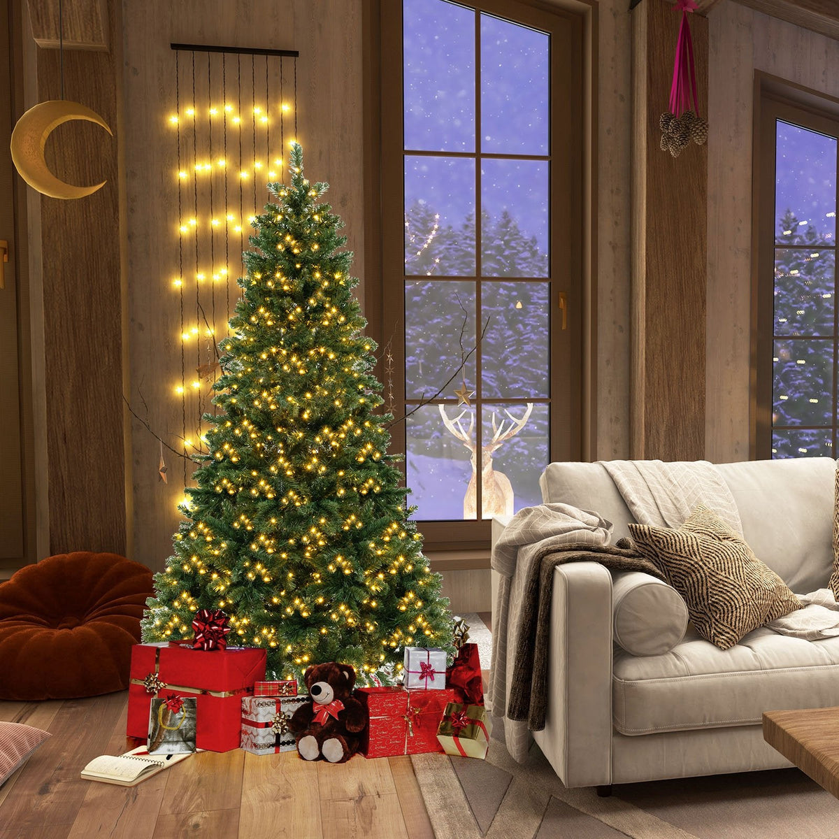 7 FT Pre-Lit Hinged Artificial Christmas Tree with PVC Branch Tips and Warm White LEDs