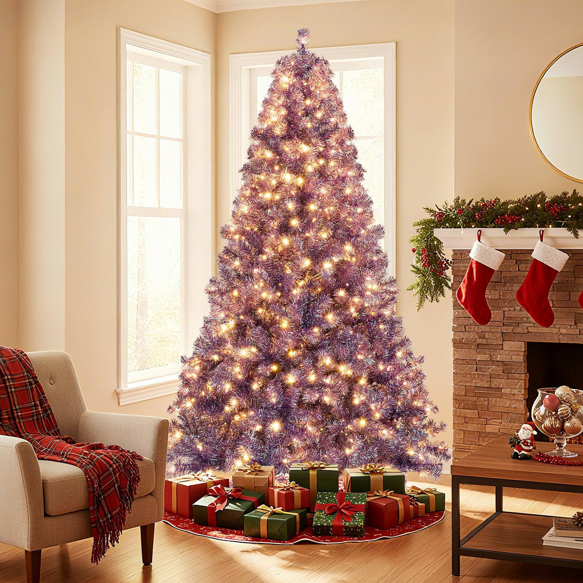 7.5 FT Pre-Lit Deep Purple Tinsel Christmas Tree, 1300 Tips and 550 Warm White LEDs