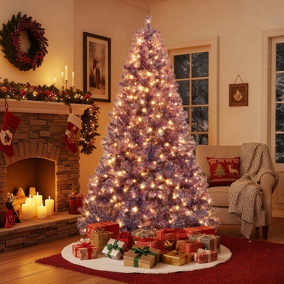 7.5 FT Pre-Lit Deep Purple Tinsel Christmas Tree, 1300 Tips and 550 Warm White LEDs