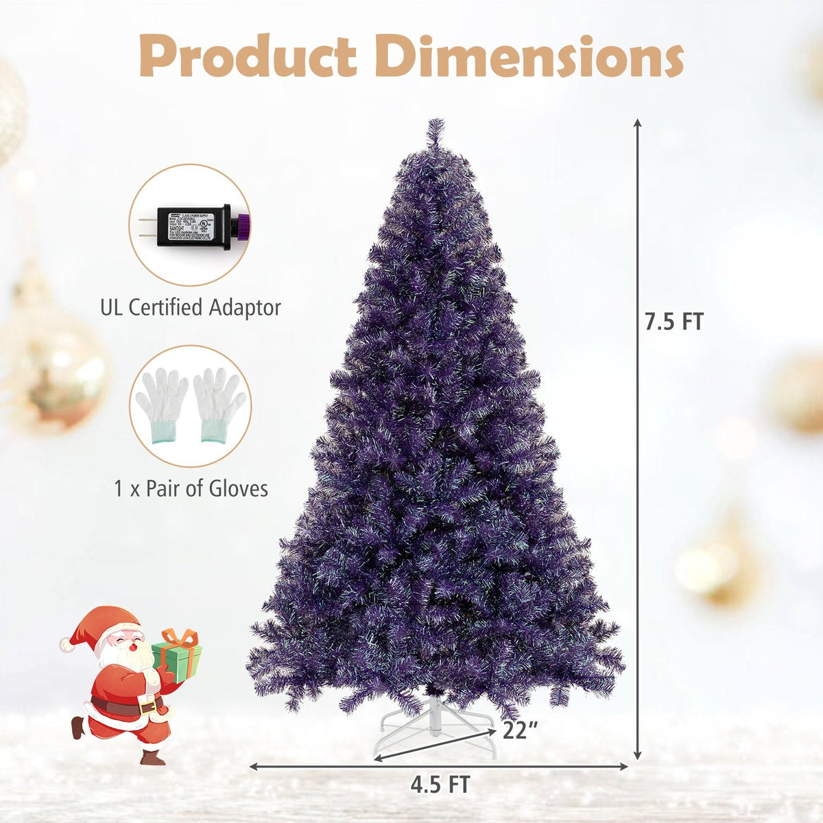 7.5 FT Pre-Lit Deep Purple Tinsel Christmas Tree, 1300 Tips and 550 Warm White LEDs