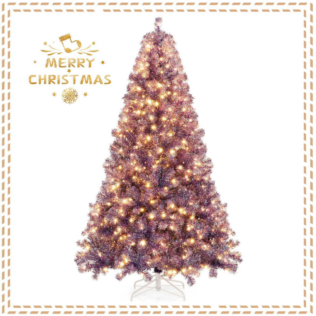7.5 FT Pre-Lit Deep Purple Tinsel Christmas Tree, 1300 Tips and 550 Warm White LEDs