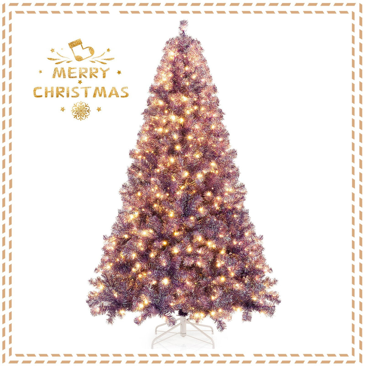 7.5 FT Pre-Lit Deep Purple Tinsel Christmas Tree, 1300 Tips and 550 Warm White LEDs