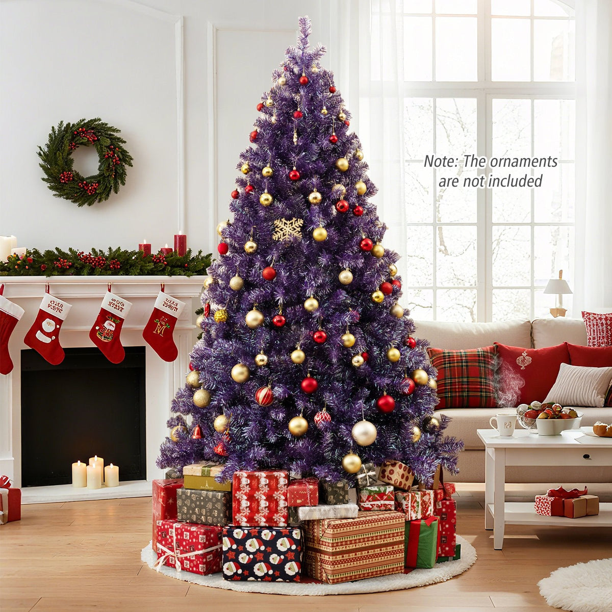 7.5 FT Pre-Lit Deep Purple Tinsel Christmas Tree, 1300 Tips and 550 Warm White LEDs