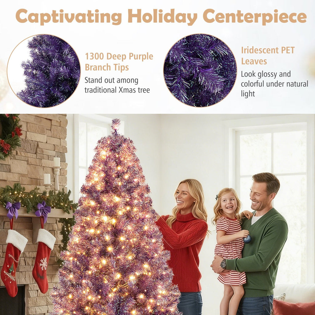 7.5 FT Pre-Lit Deep Purple Tinsel Christmas Tree, 1300 Tips and 550 Warm White LEDs