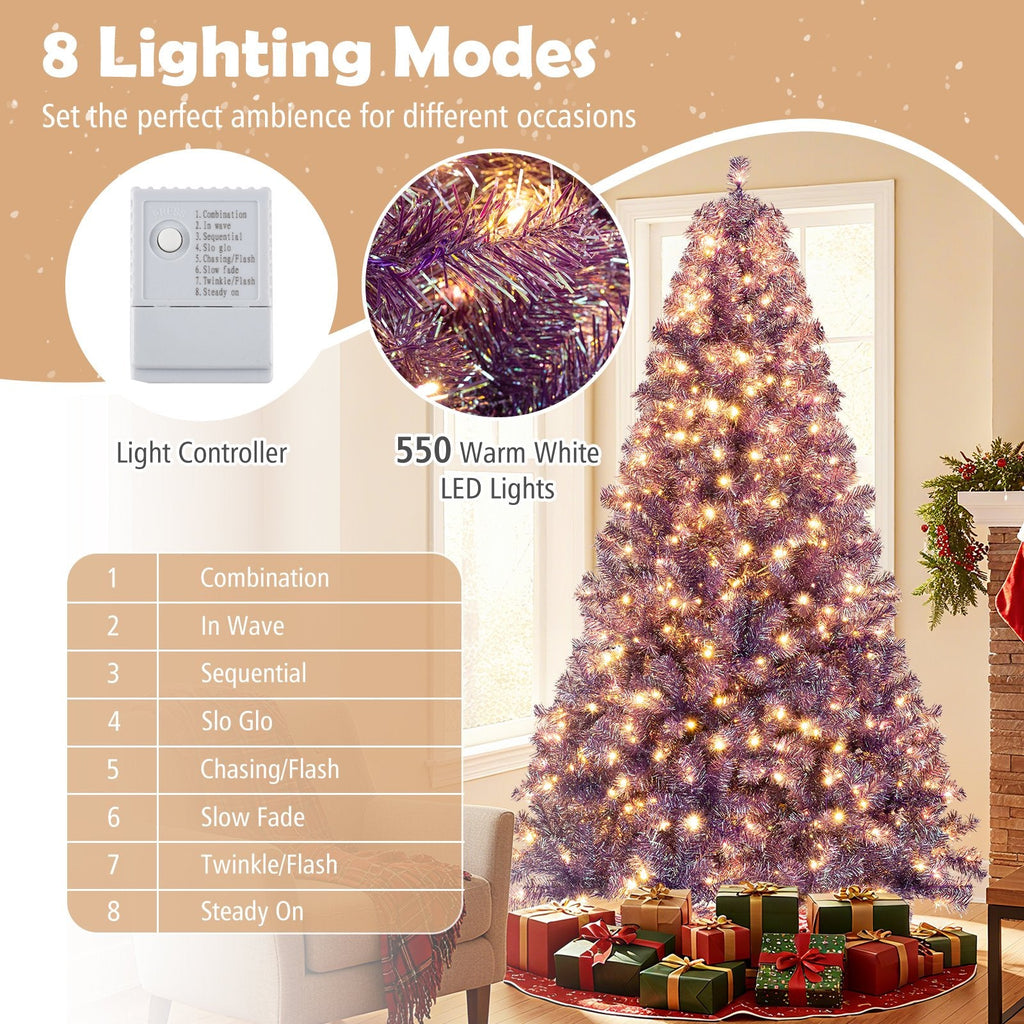 7.5 FT Pre-Lit Deep Purple Tinsel Christmas Tree, 1300 Tips and 550 Warm White LEDs