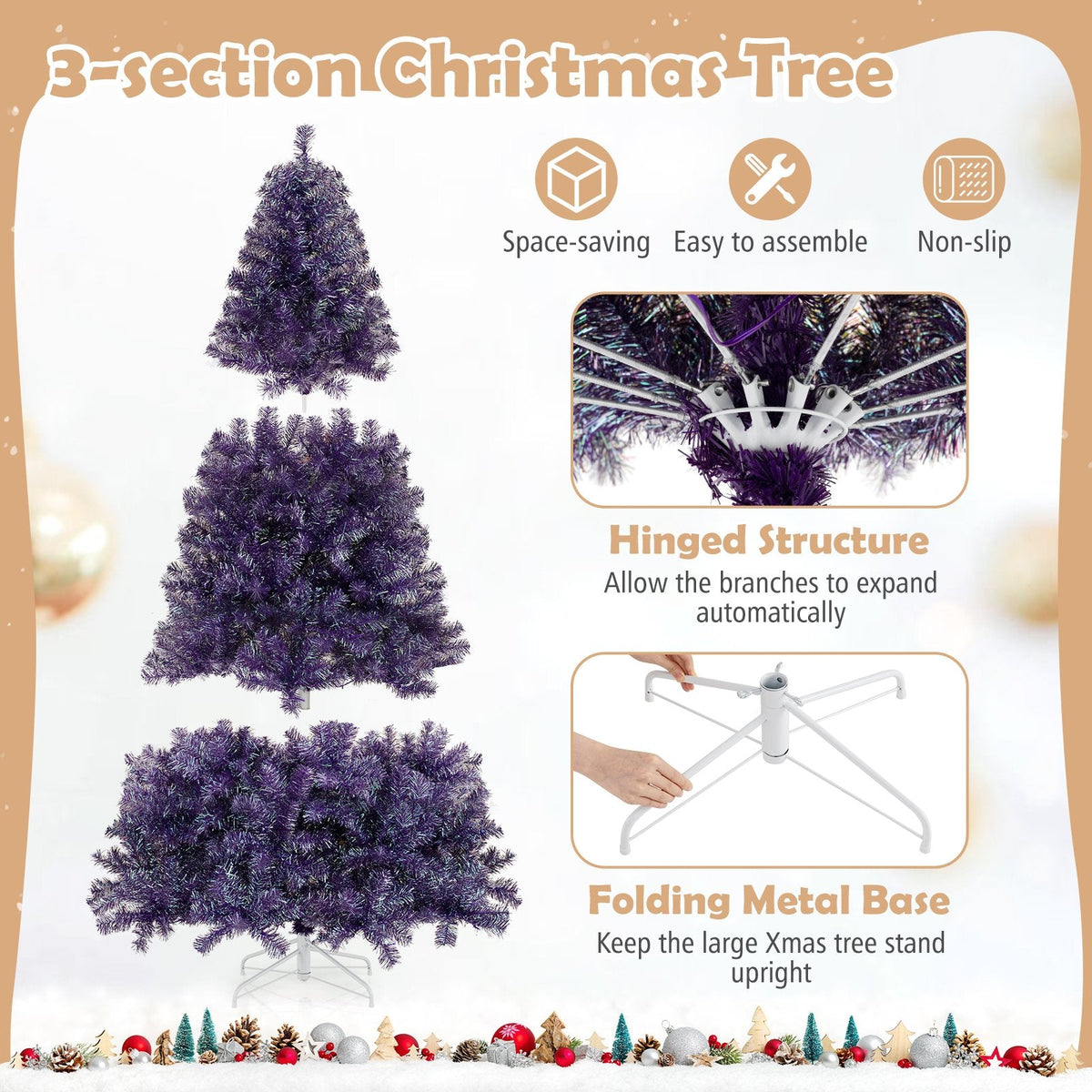 7.5 FT Pre-Lit Deep Purple Tinsel Christmas Tree, 1300 Tips and 550 Warm White LEDs