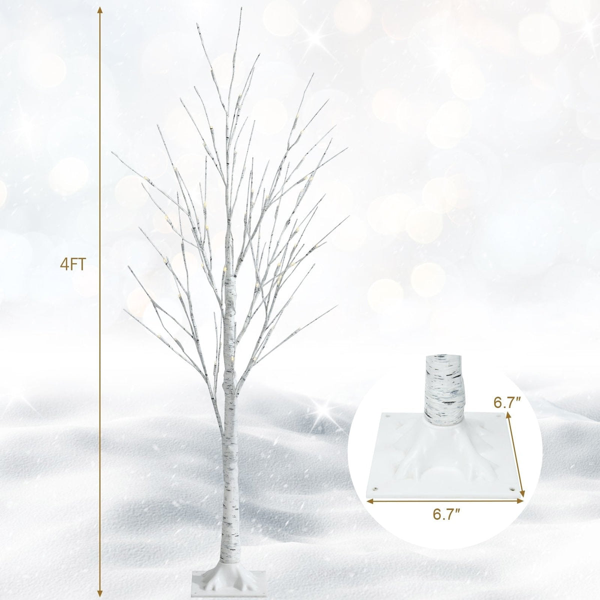 4 FT Pre-Lit White Birch Twig Tree with 48 Warm White LEDs, Bendable Branches