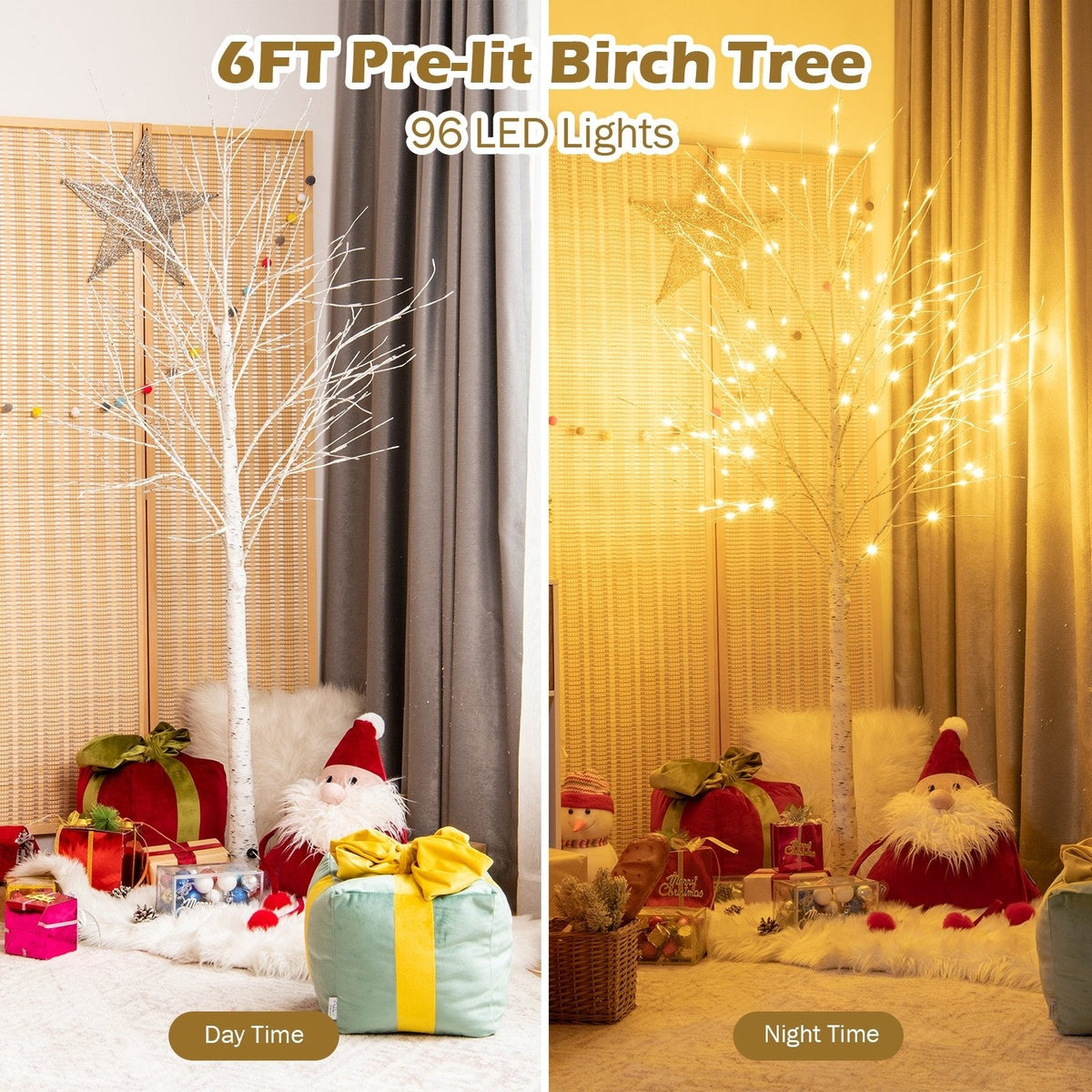 6 FT Pre-Lit White Birch Twig Tree with 96 Warm White LEDs, Bendable Branches