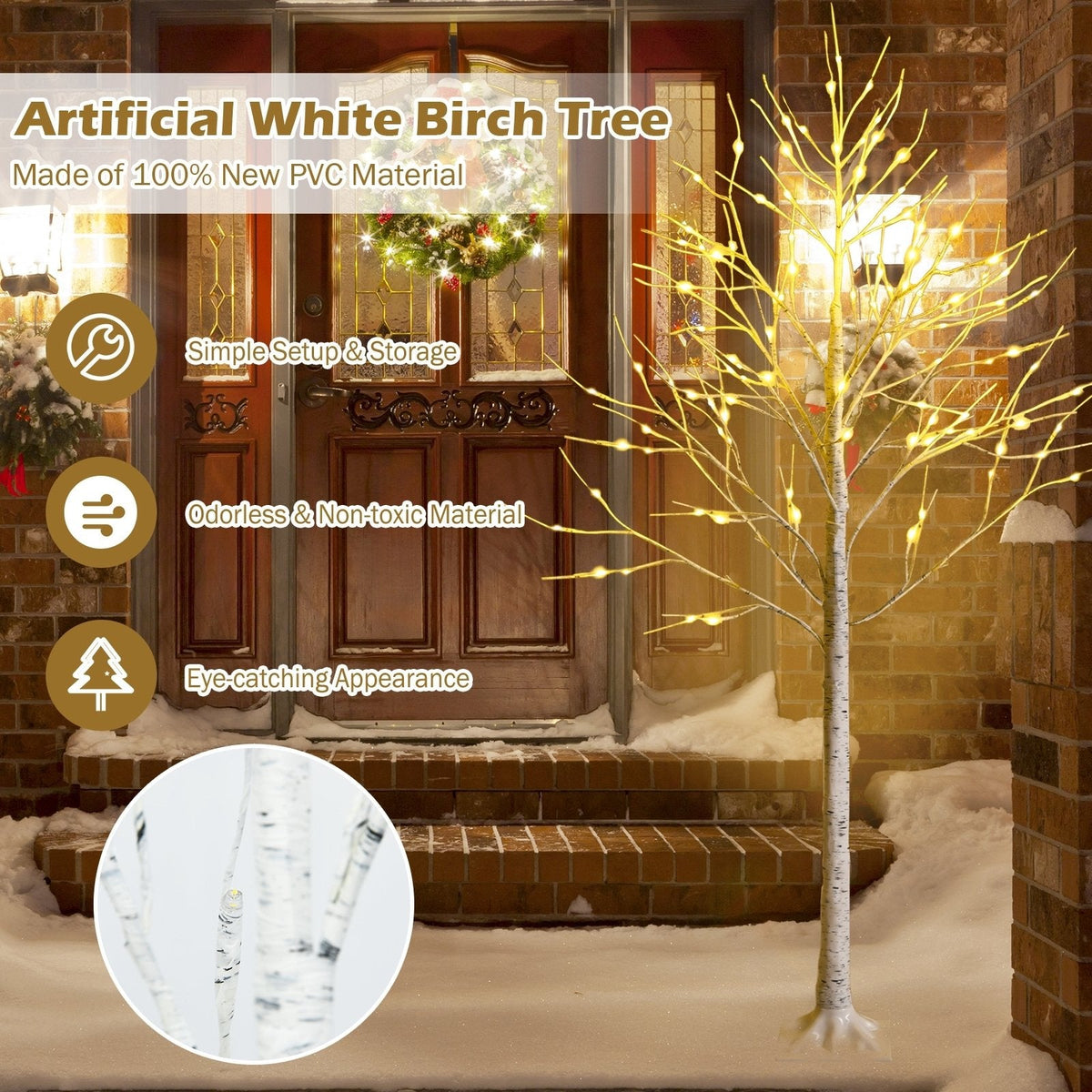 6 FT Pre-Lit White Birch Twig Tree with 96 Warm White LEDs, Bendable Branches