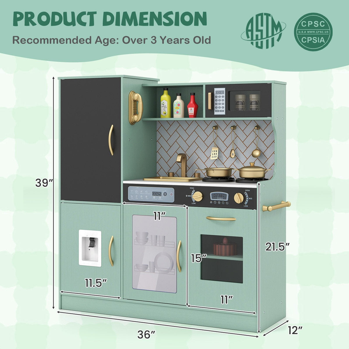 Pretend Play Kitchen with Utensils for Kids Aged 3+-Green