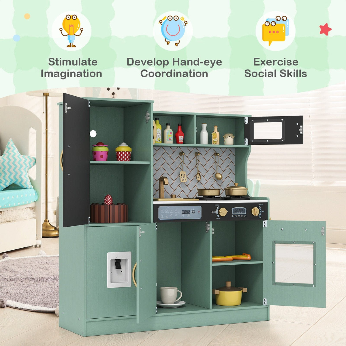 Pretend Play Kitchen with Utensils for Kids Aged 3+-Green