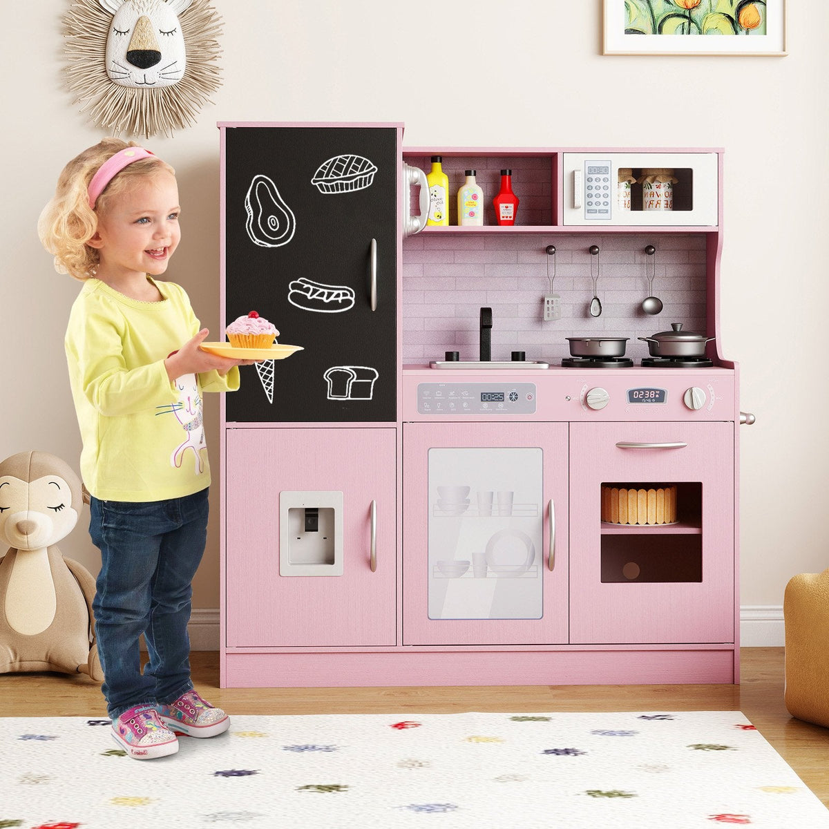 Pretend Play Kitchen with Utensils for Kids Aged 3+-Pink