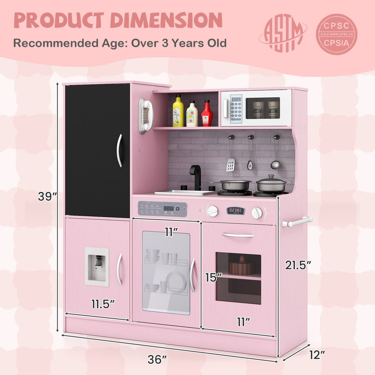 Pretend Play Kitchen with Utensils for Kids Aged 3+-Pink