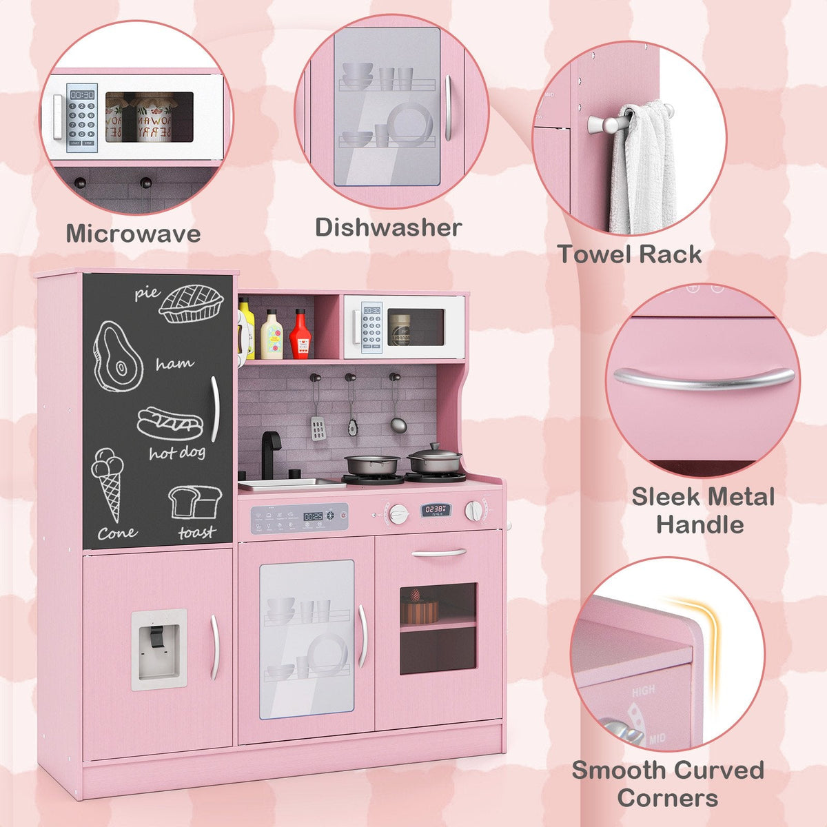 Pretend Play Kitchen with Utensils for Kids Aged 3+-Pink