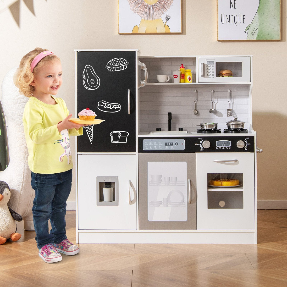 Pretend Play Kitchen with Utensils for Kids Aged 3+-Silver